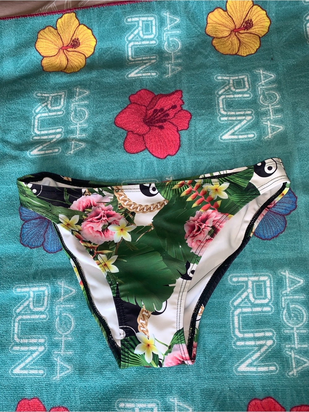 Jaded London Green Tropical Print Bikini Bottom with Gold Chain Detail